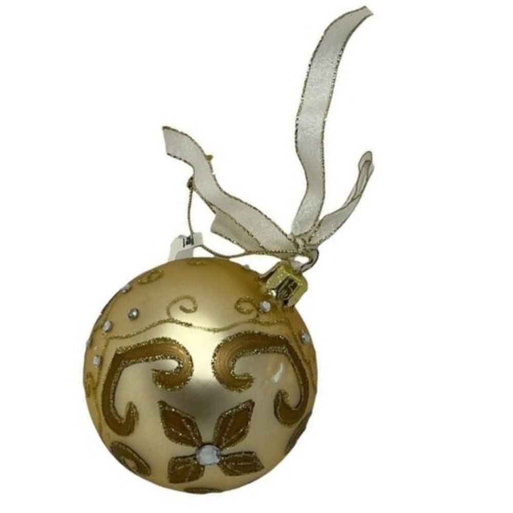 Santas Best‎ Christmas Ornament Gold Round Blown Glass Glitter Rhinestone Jewel